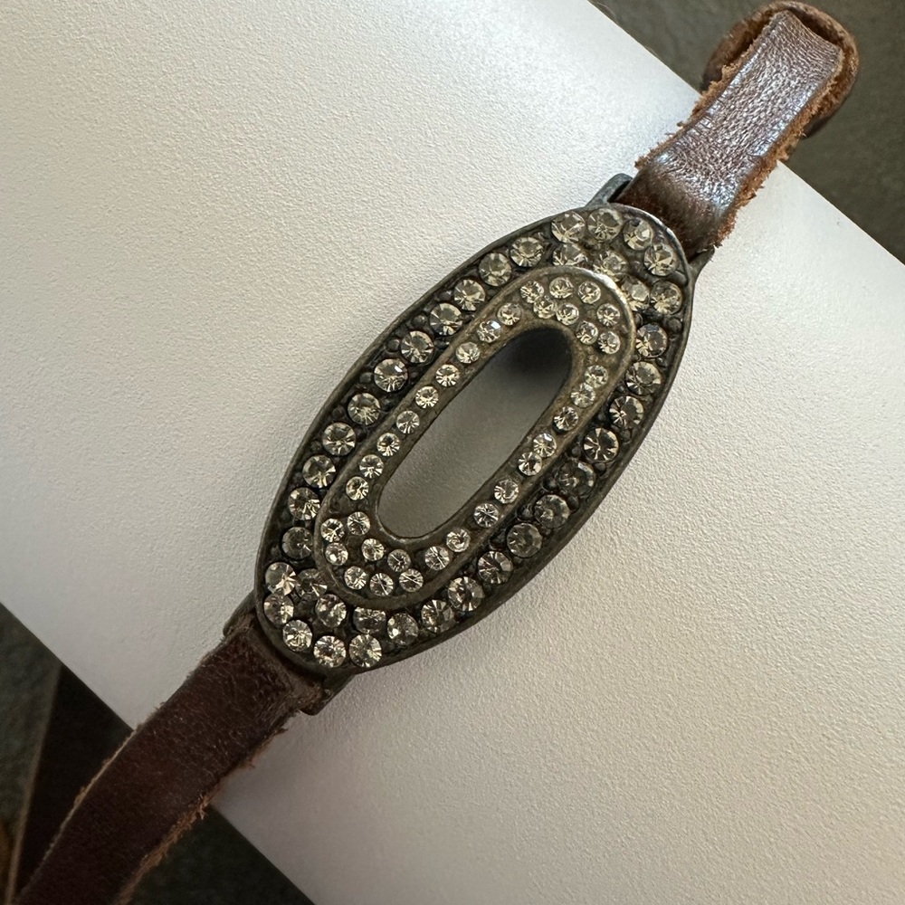 Pave Skinny Open Oval Bracelet in Antique Brass
